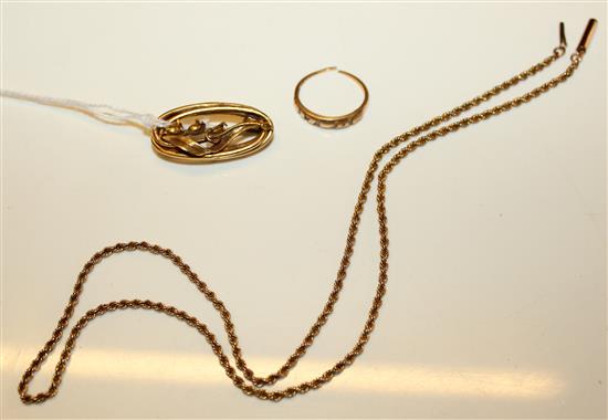 9ct gold chain, 18ct gold ring (a.f.) and a 15ct gold foliate bar brooch